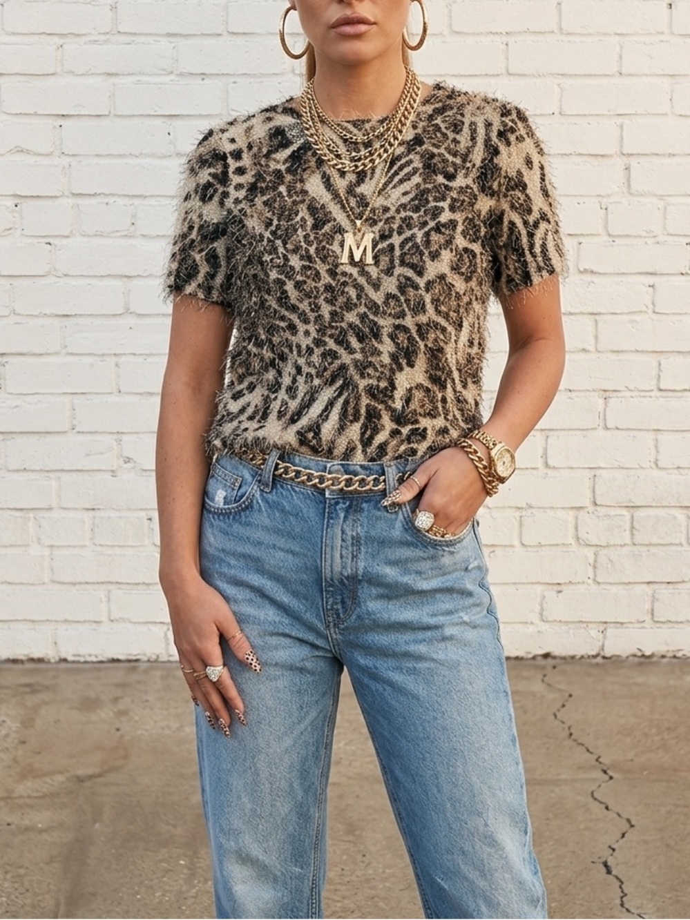 mts Leopard Print Fuzzy Short Sleeve Top in Beige and Black